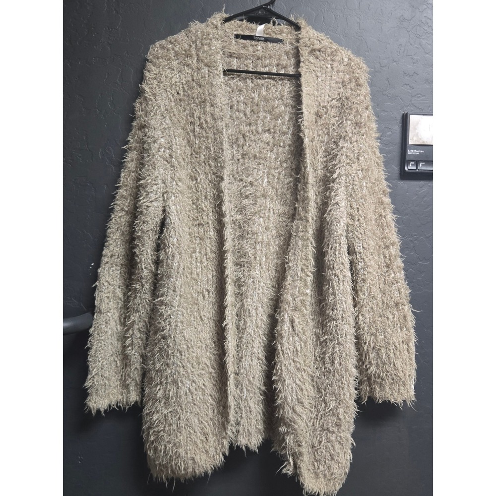 Kensie Tan Beige Eyelash Popcorn Knit Longline Open Front Cardigan Sweater Large